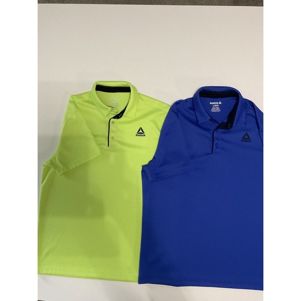 Lot of 2 Reebok Mens Golf Polo Shirts Size L Blue Neon Green Performance Delta